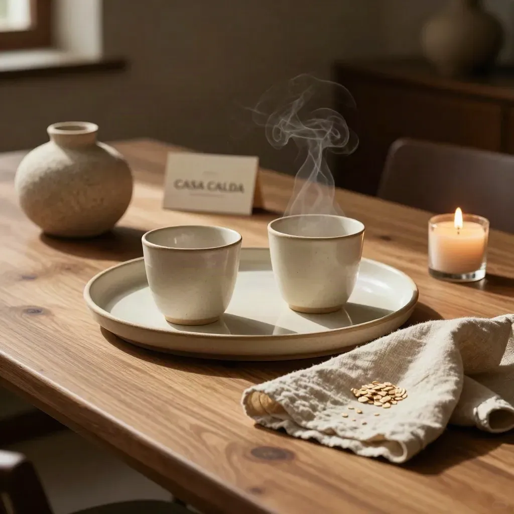 Set Casa Calda con vassoio ceramico, tazze, vaso basso, candela e lino in luce morbida.