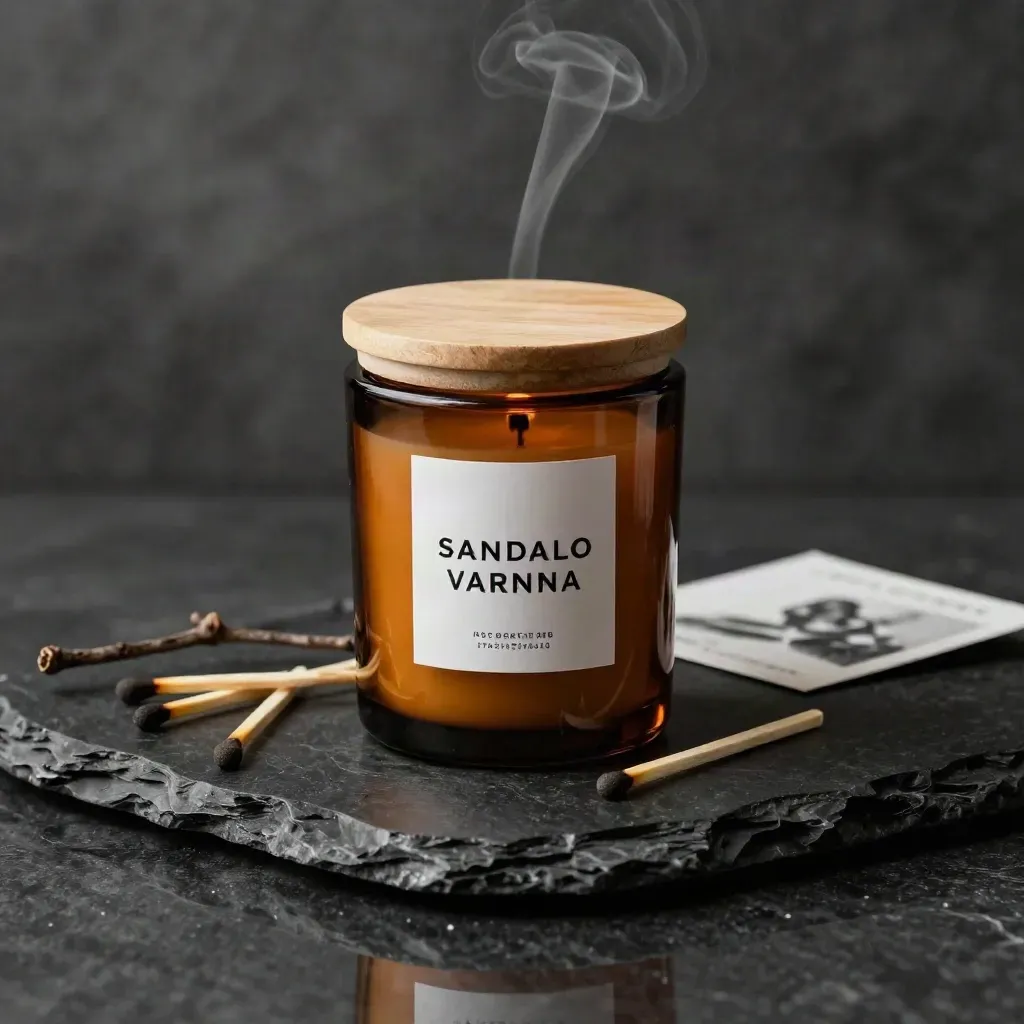 Candela ambrata su pietra nera bagnata, con fiammiferi spenti e filo di fumo
