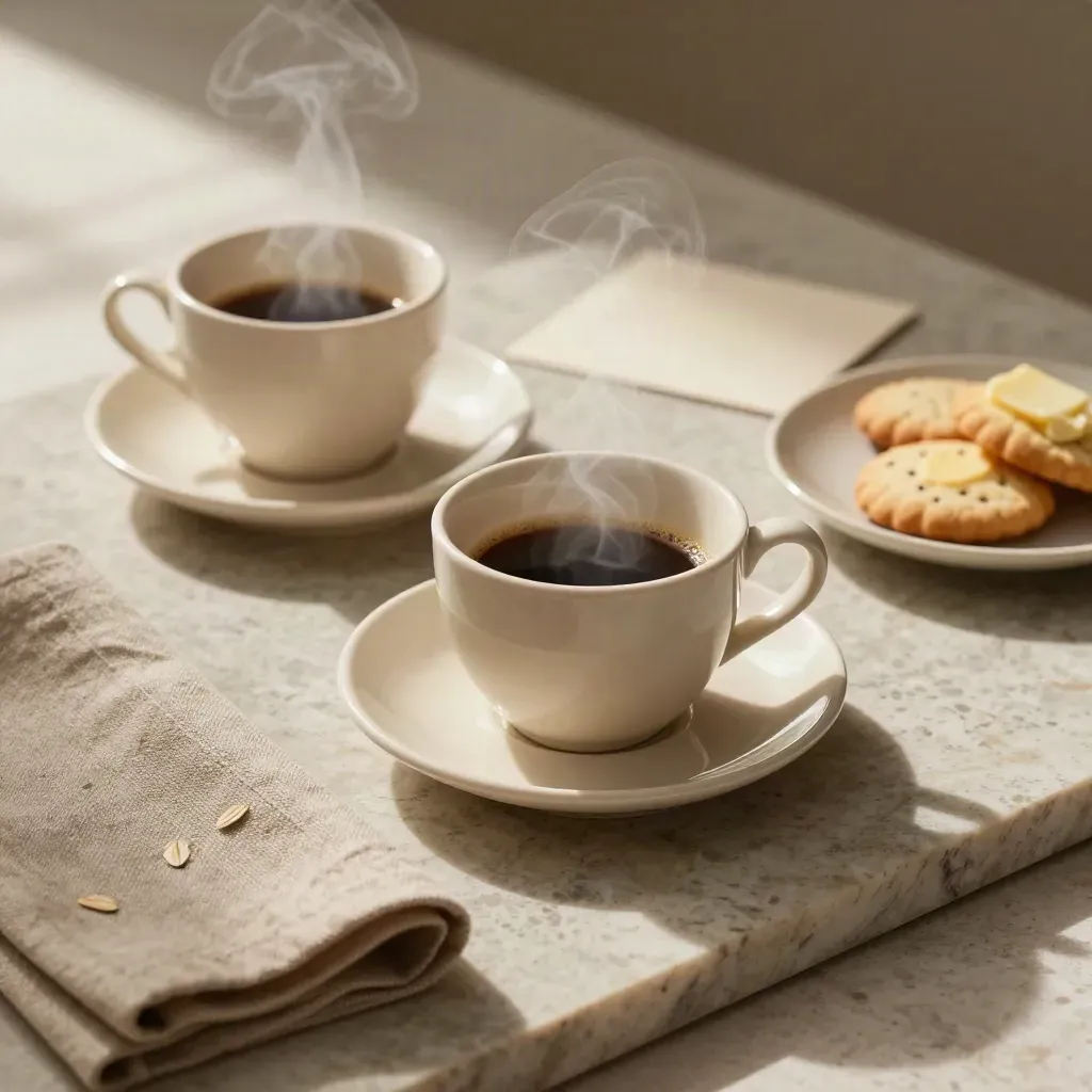 Due tazze di caffè crema con vapore, piattini, tovagliolo di lino e biscotti su travertino.
