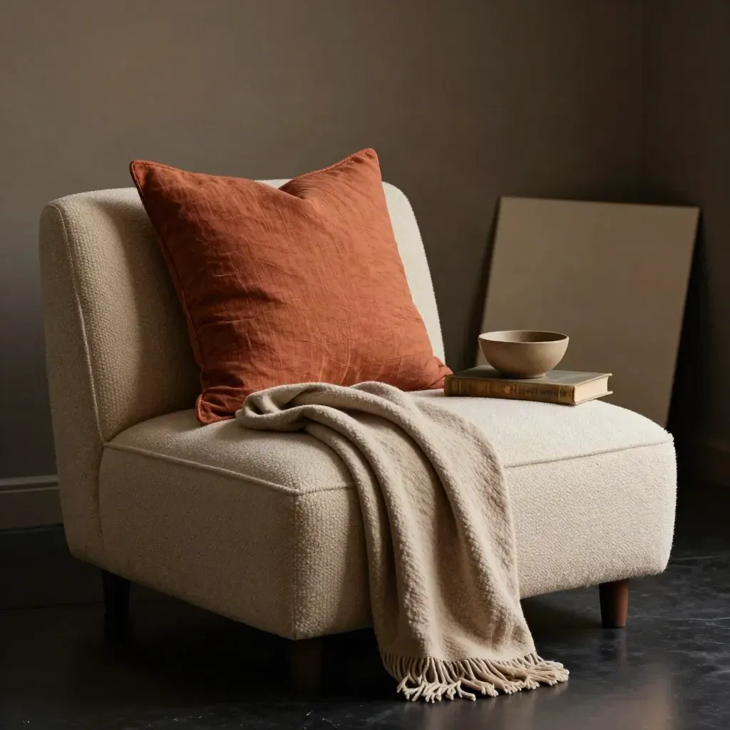 Cuscino in lino terra su chaise bouclé con coperta grezza, ciotola in ceramica e libro chiuso