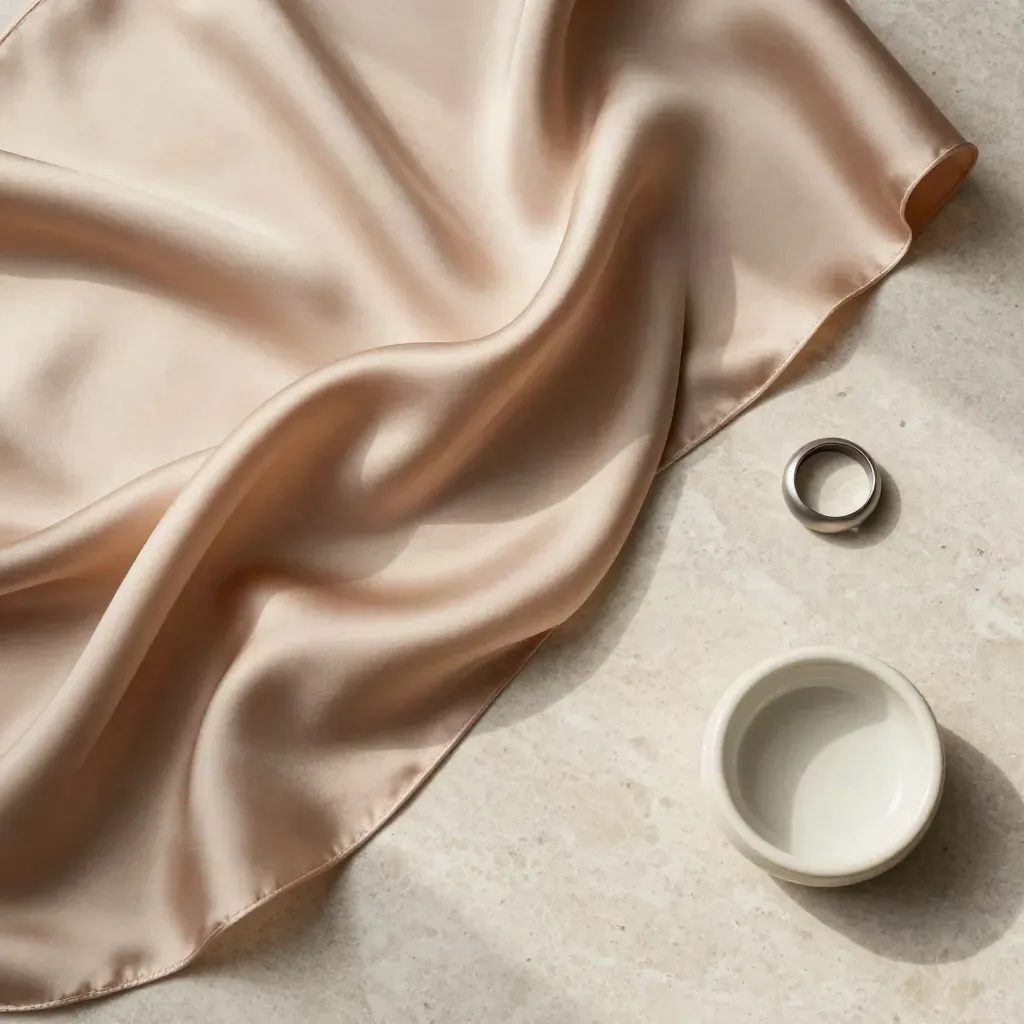 Foulard color biscotto disteso in flat lay con anello metallico e ciotola ceramica su travertino.