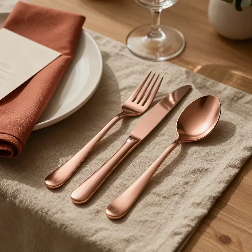 Posate oro rosa su lino con piatto in ceramica e bicchiere senza stelo, luce calda