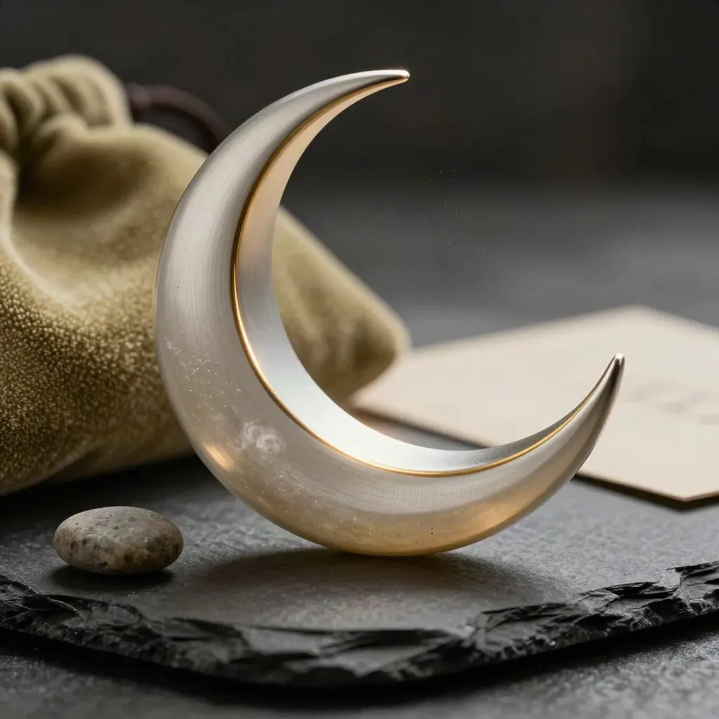 Anello a mezzaluna in metallo chiaro su pietra scura con sacchetto di velluto.