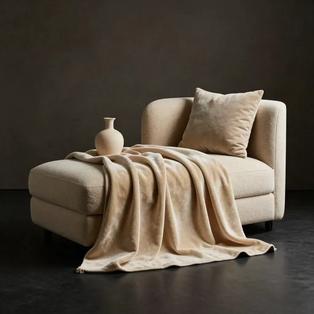 Coperta in velluto sabbia su chaise bouclé, vaso ceramico e cuscino in ombra in studio scuro