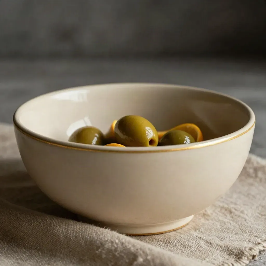 Ciotola in ceramica crema con olive e scorze di agrumi, bordo in lino in ombra.