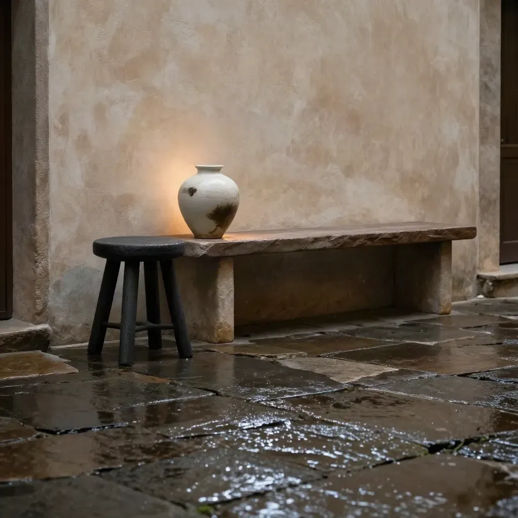 Cortile quieto al crepuscolo con sgabello, vaso in ceramica e panca su pietra bagnata.